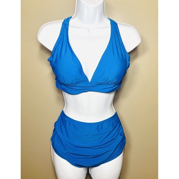 Women's Halter Top Ruched Bikini Blue Two Piece Bathing Suit - Large - Picture 2 of 3